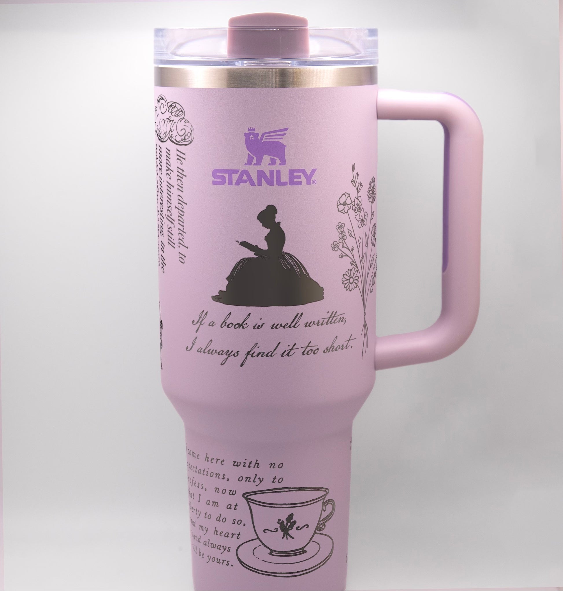 a pink travel mug with a picture of a woman on it