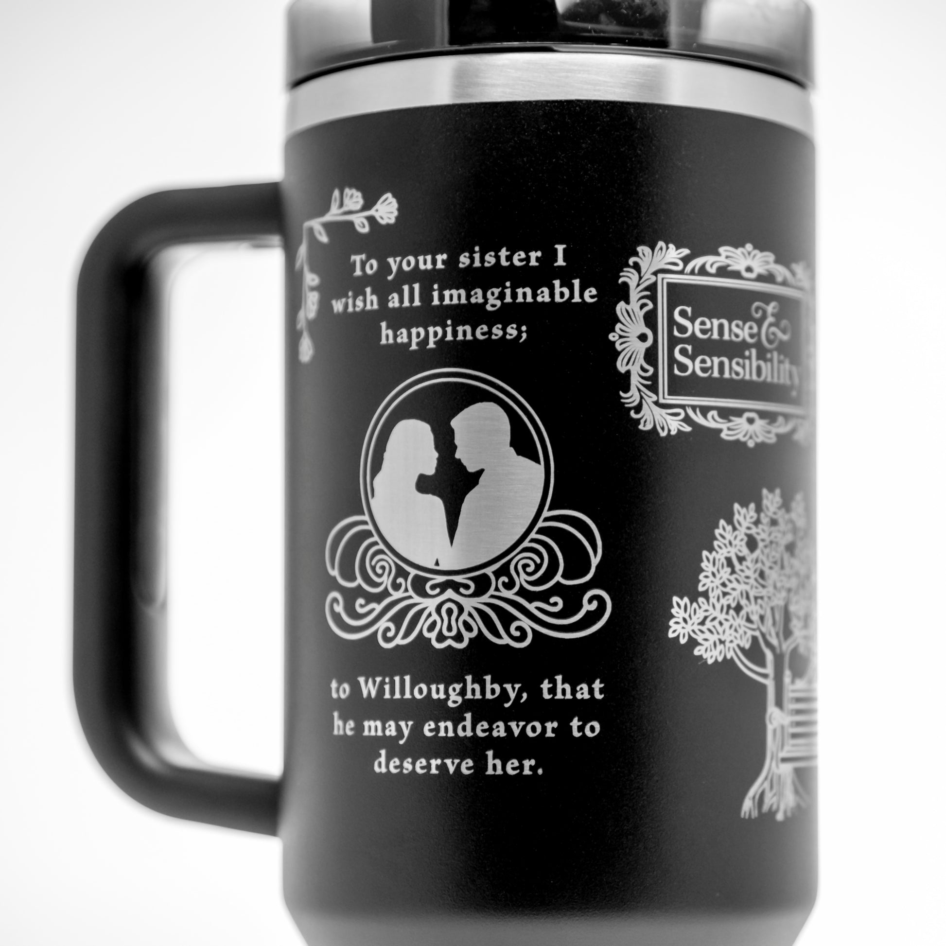 a black and white photo of a coffee mug