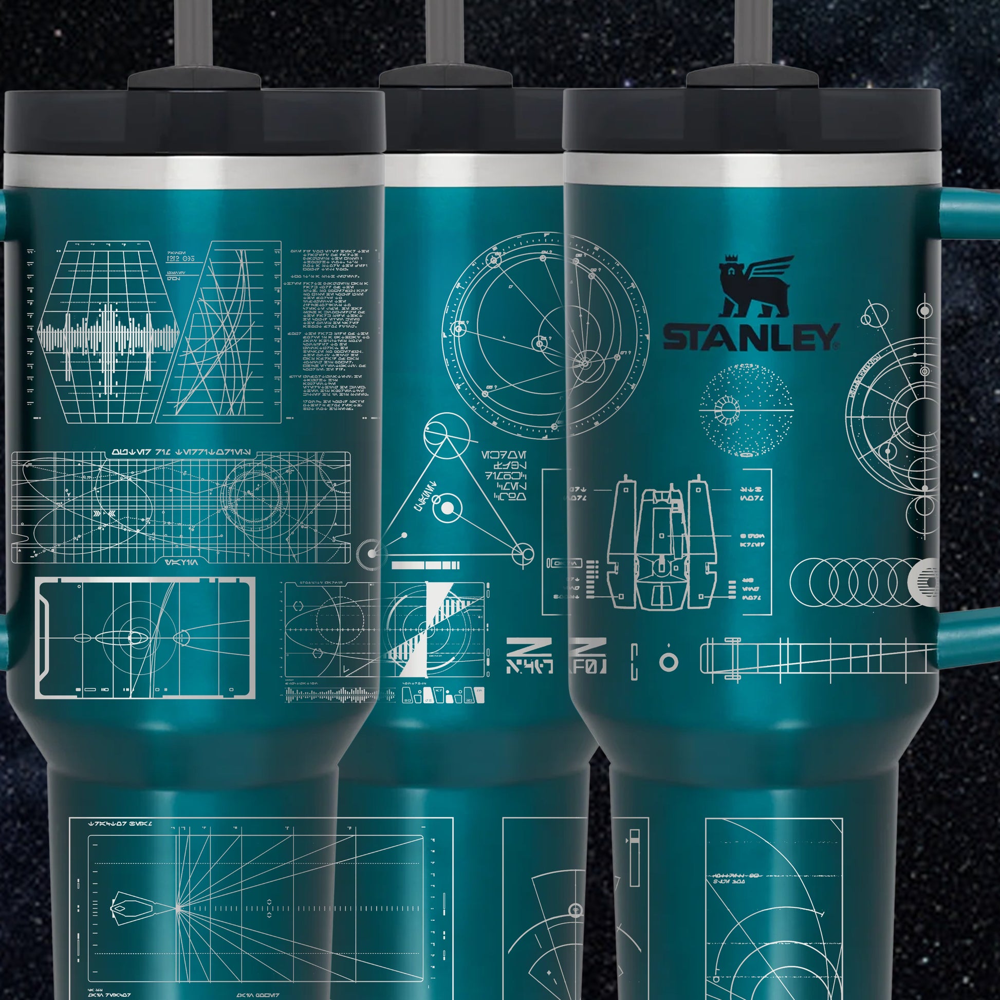 a set of three travel mugs with a blueprint design