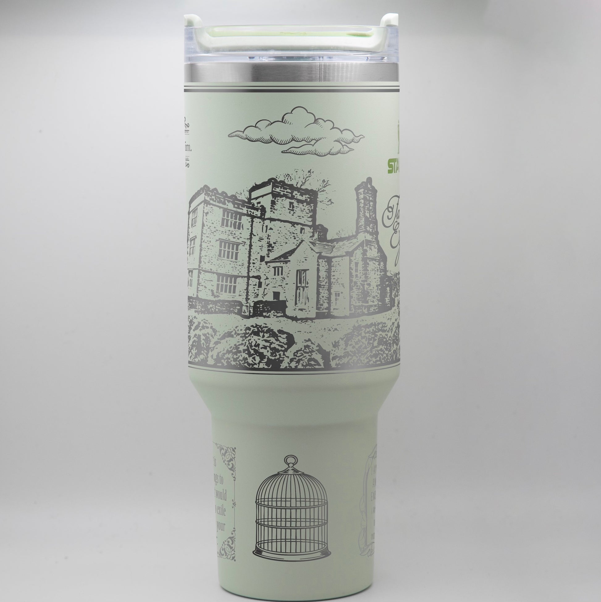 a cup with a picture of a castle on it