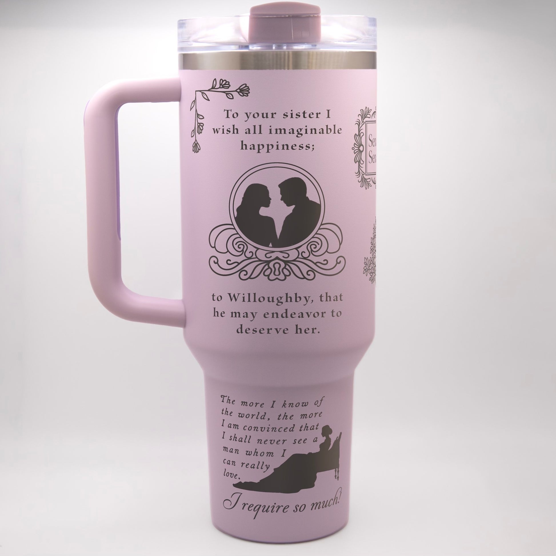 a pink travel mug with a picture of a couple on it