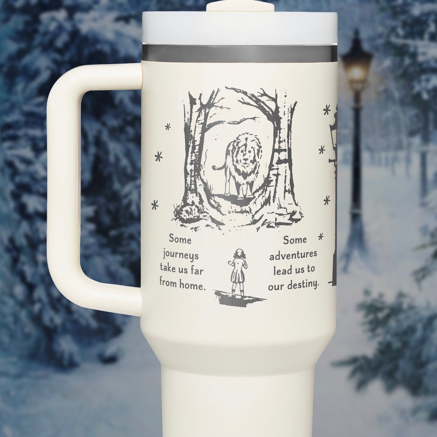 a white travel mug with a picture of a bear