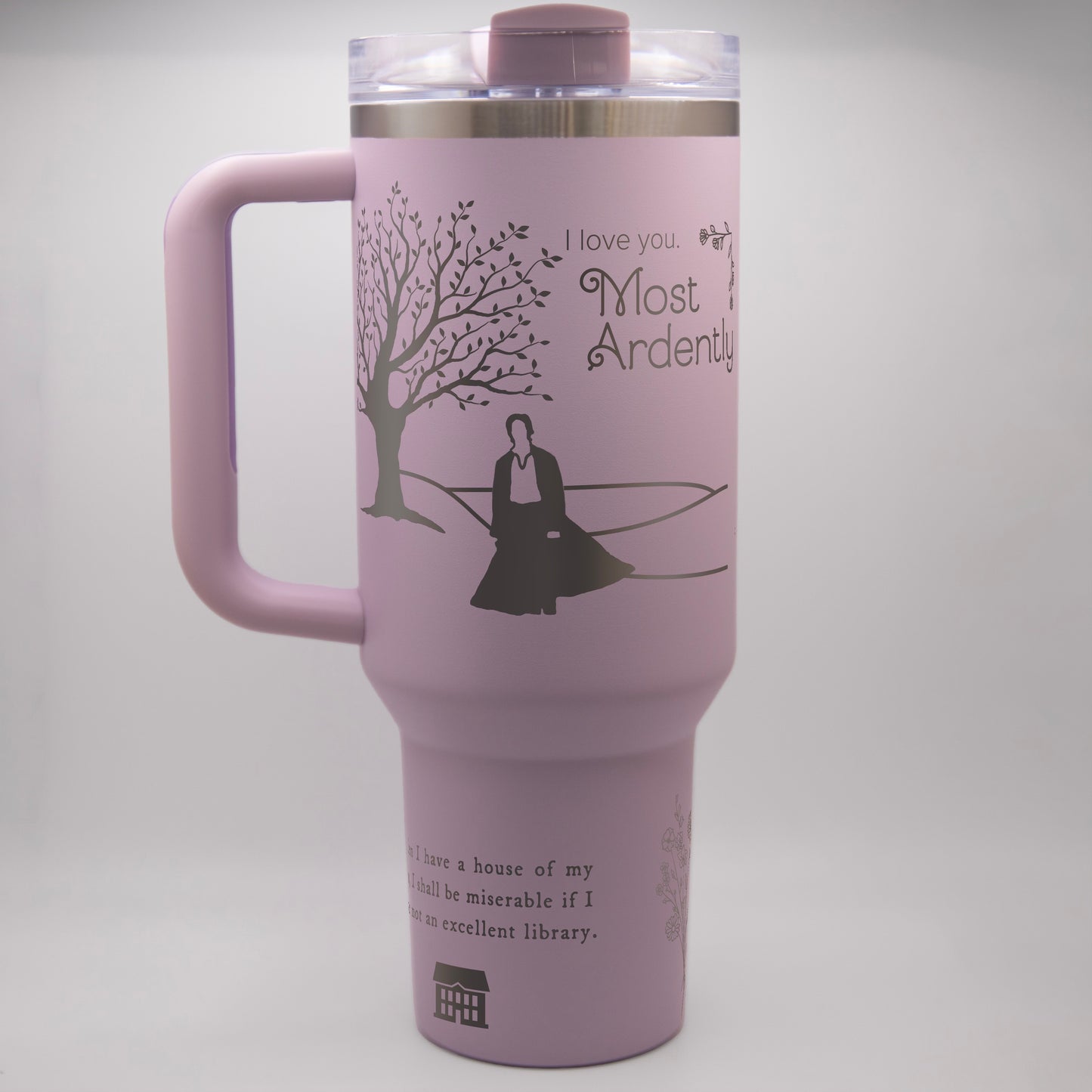 a pink travel mug with a picture of a woman on it