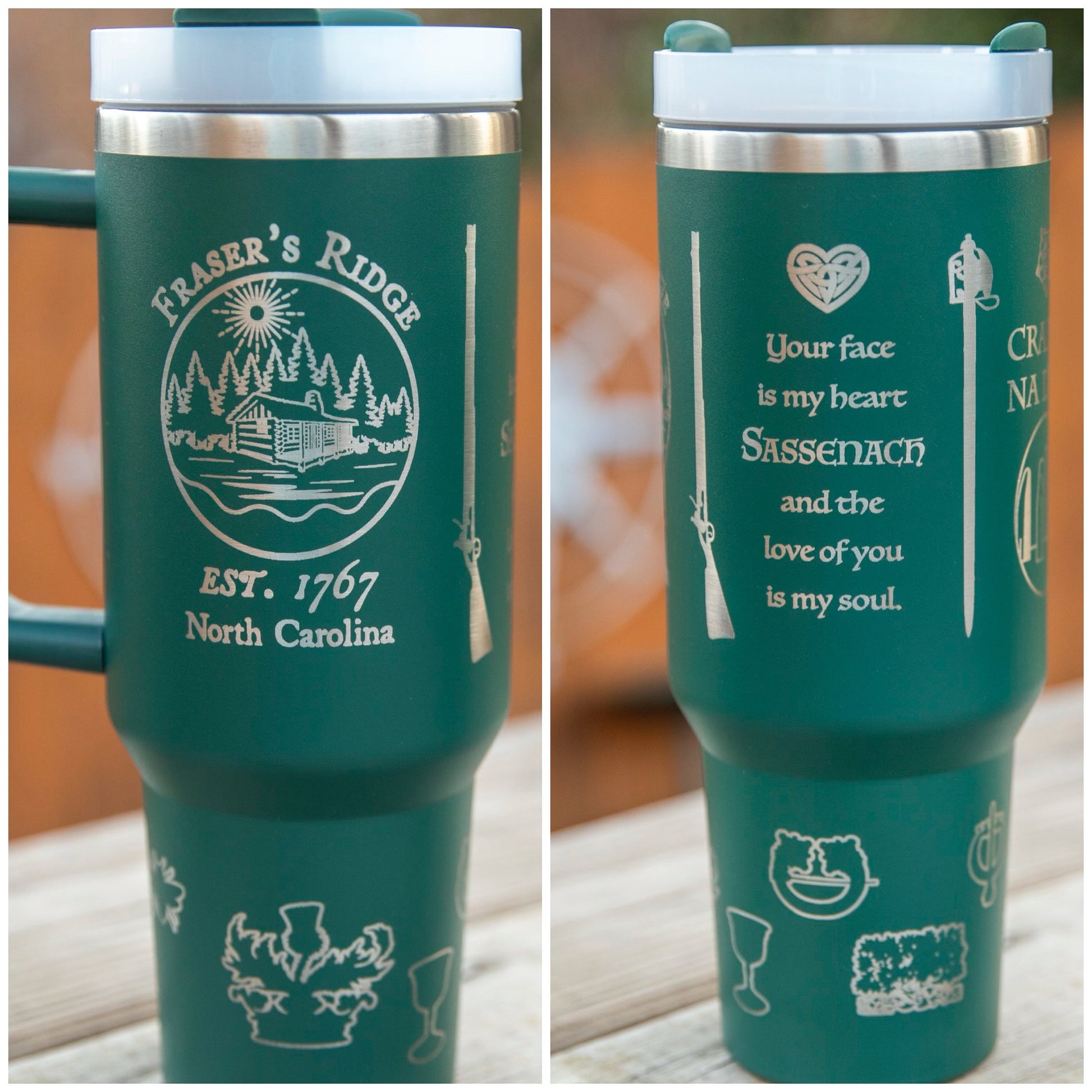 a green travel mug with a picture of a forest