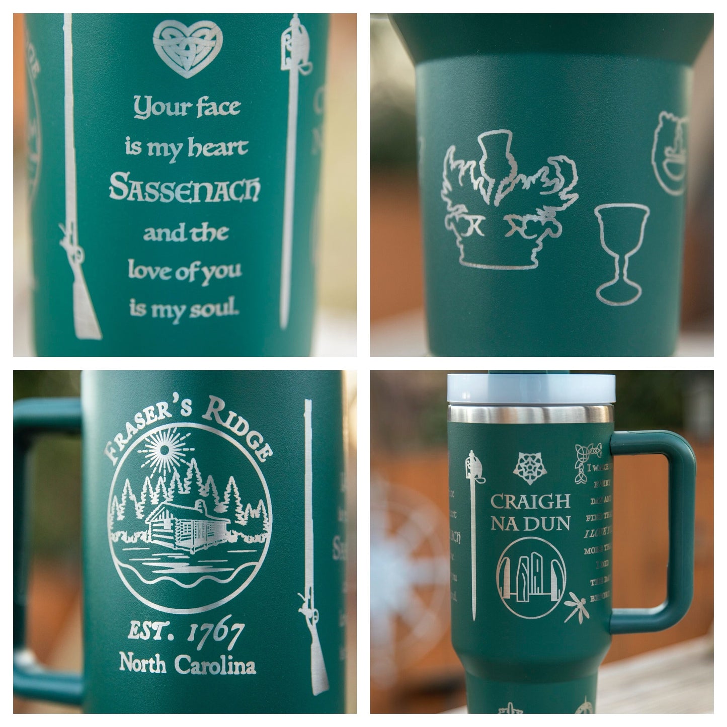 a collage of photos of a travel mug