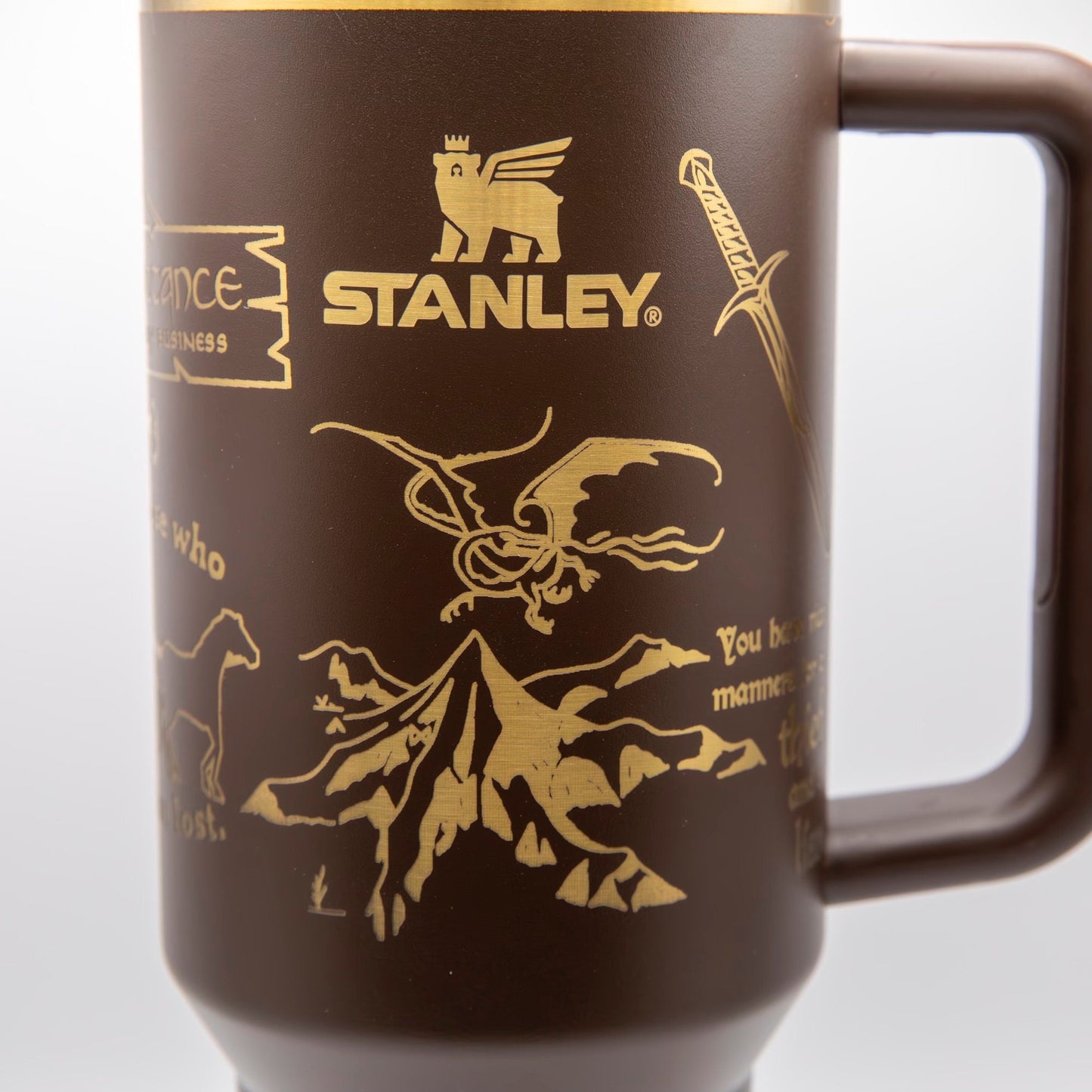 a coffee mug with a picture of a horse and mountains on it