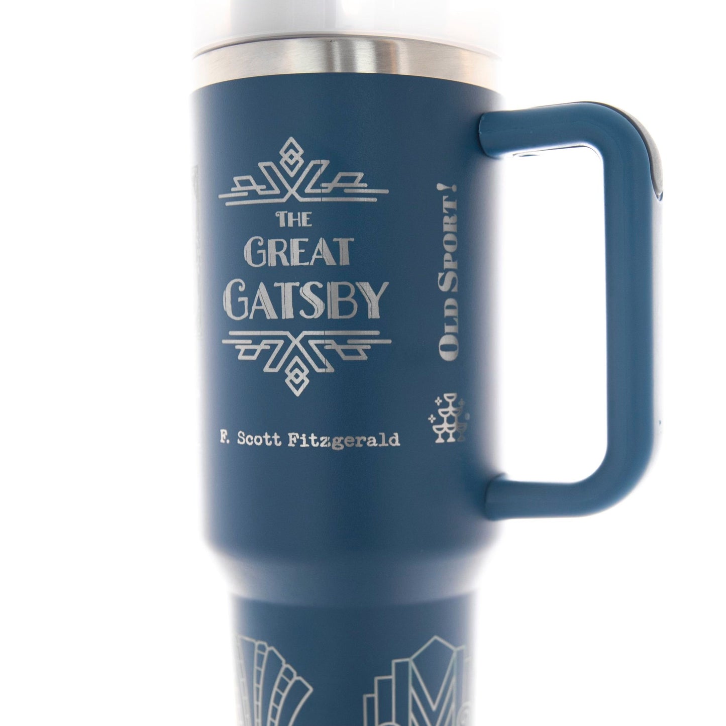 the great gatsby travel mug is blue