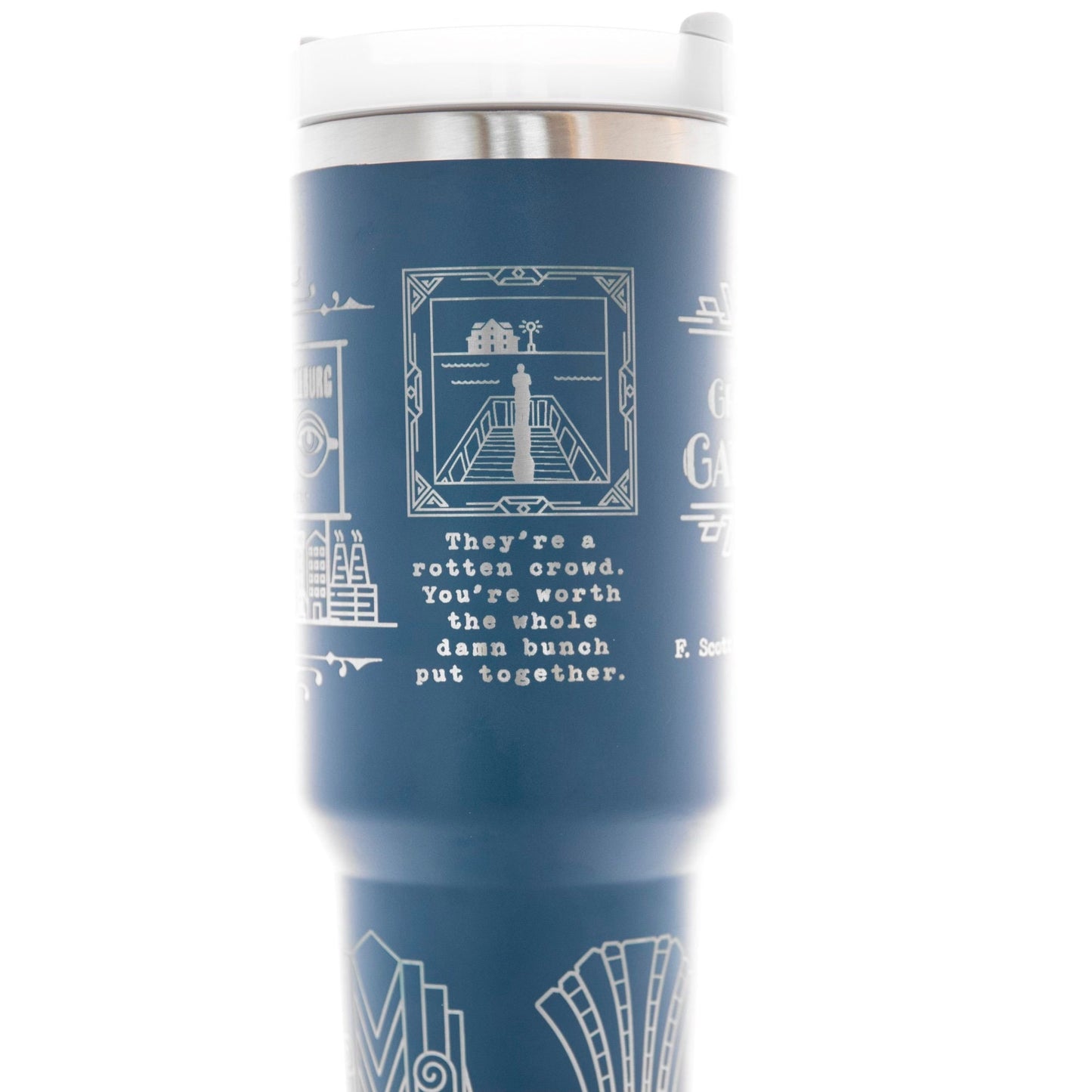 a blue travel mug with a white lid