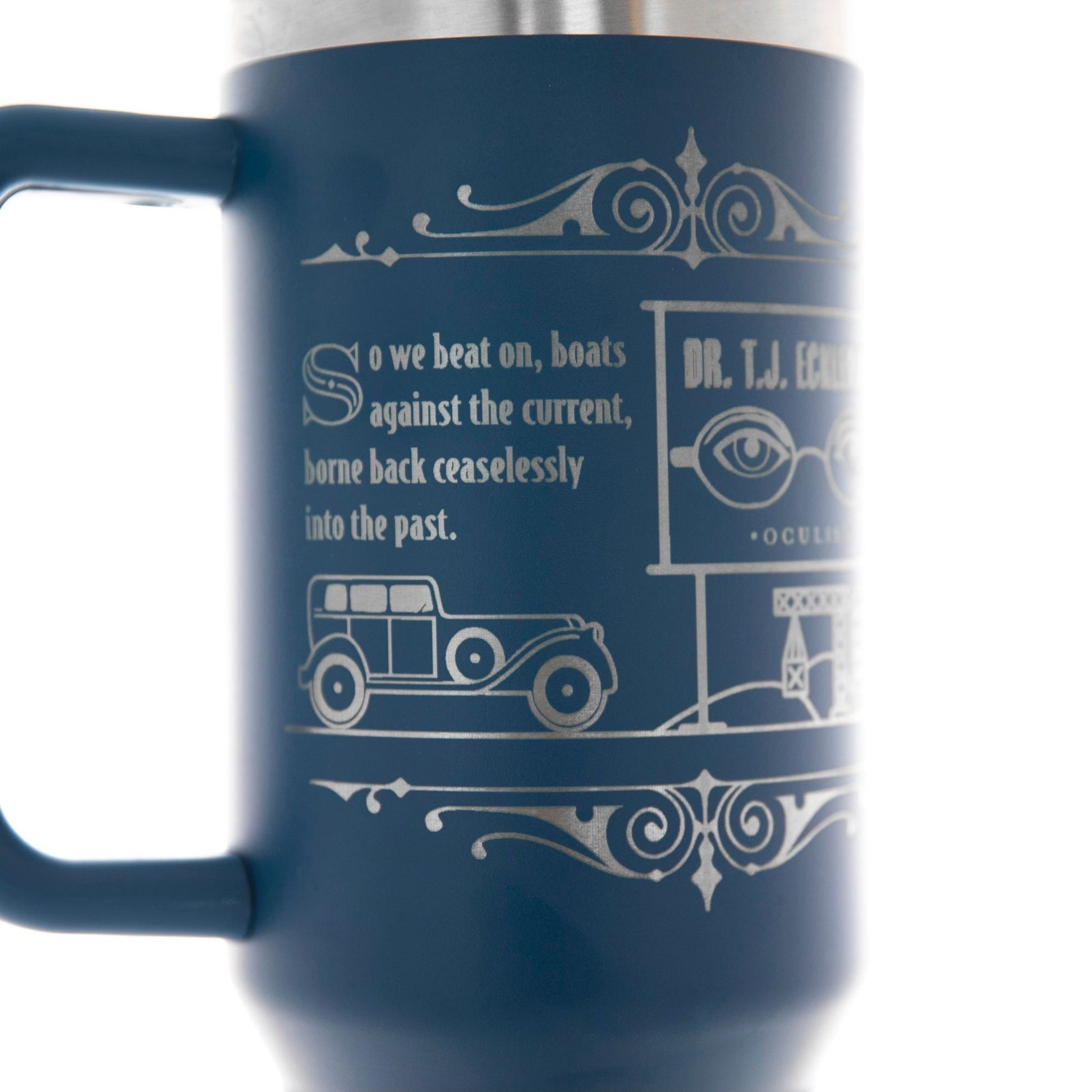 a blue coffee mug with a picture of a car on it