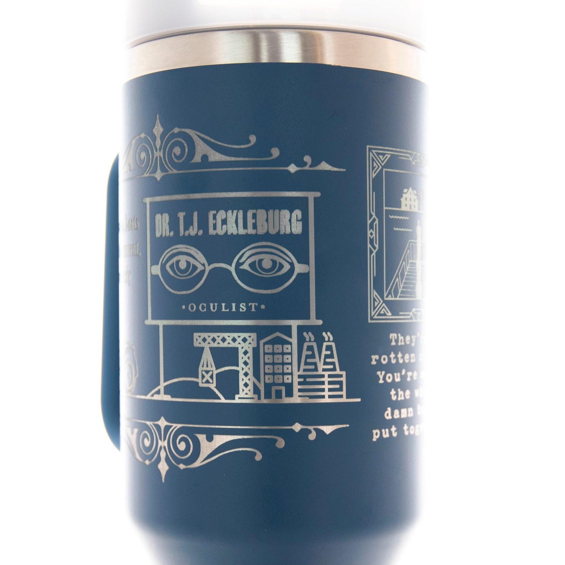 a blue coffee mug with a picture of a building on it