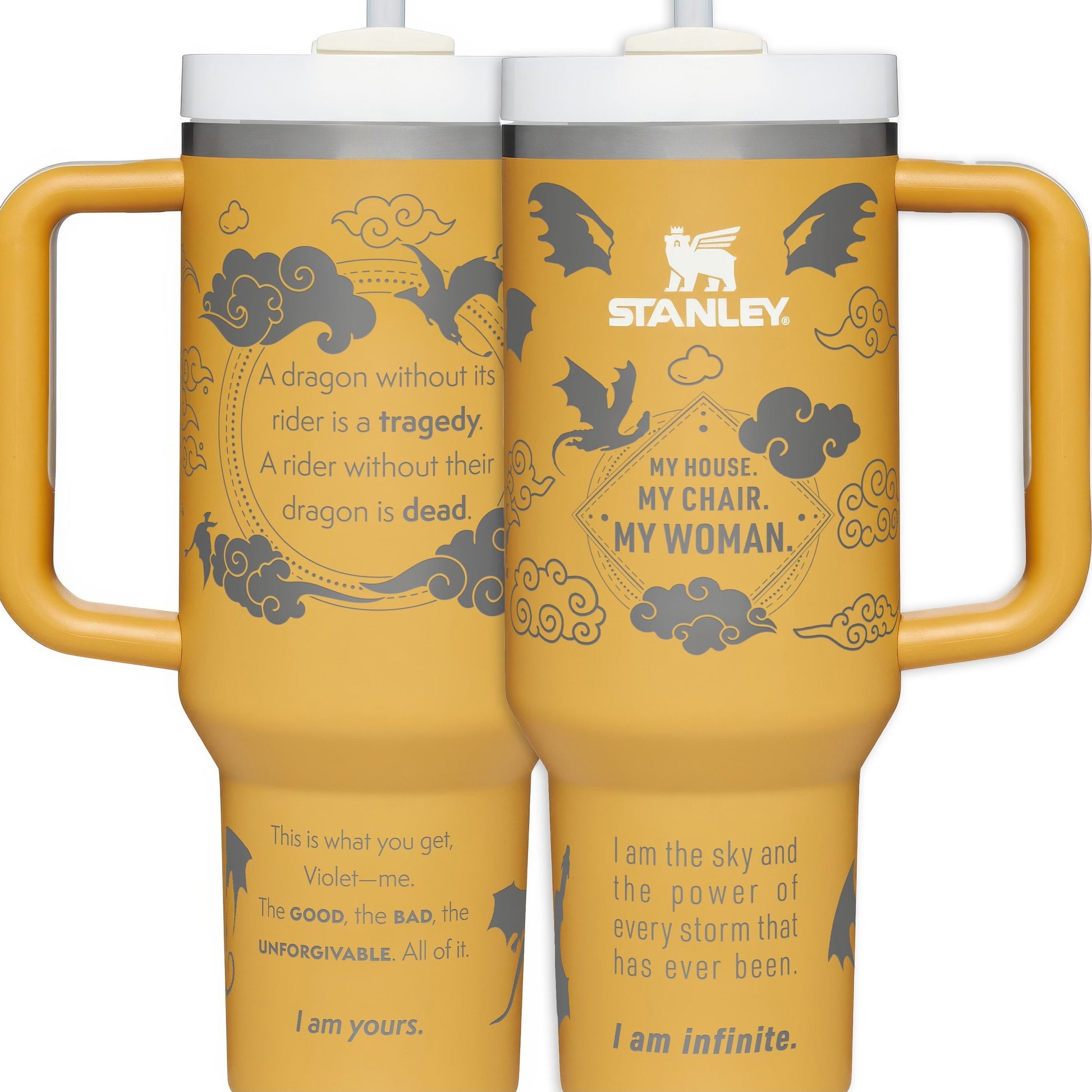 two yellow travel mugs with the words, i am infinite and i am infinite