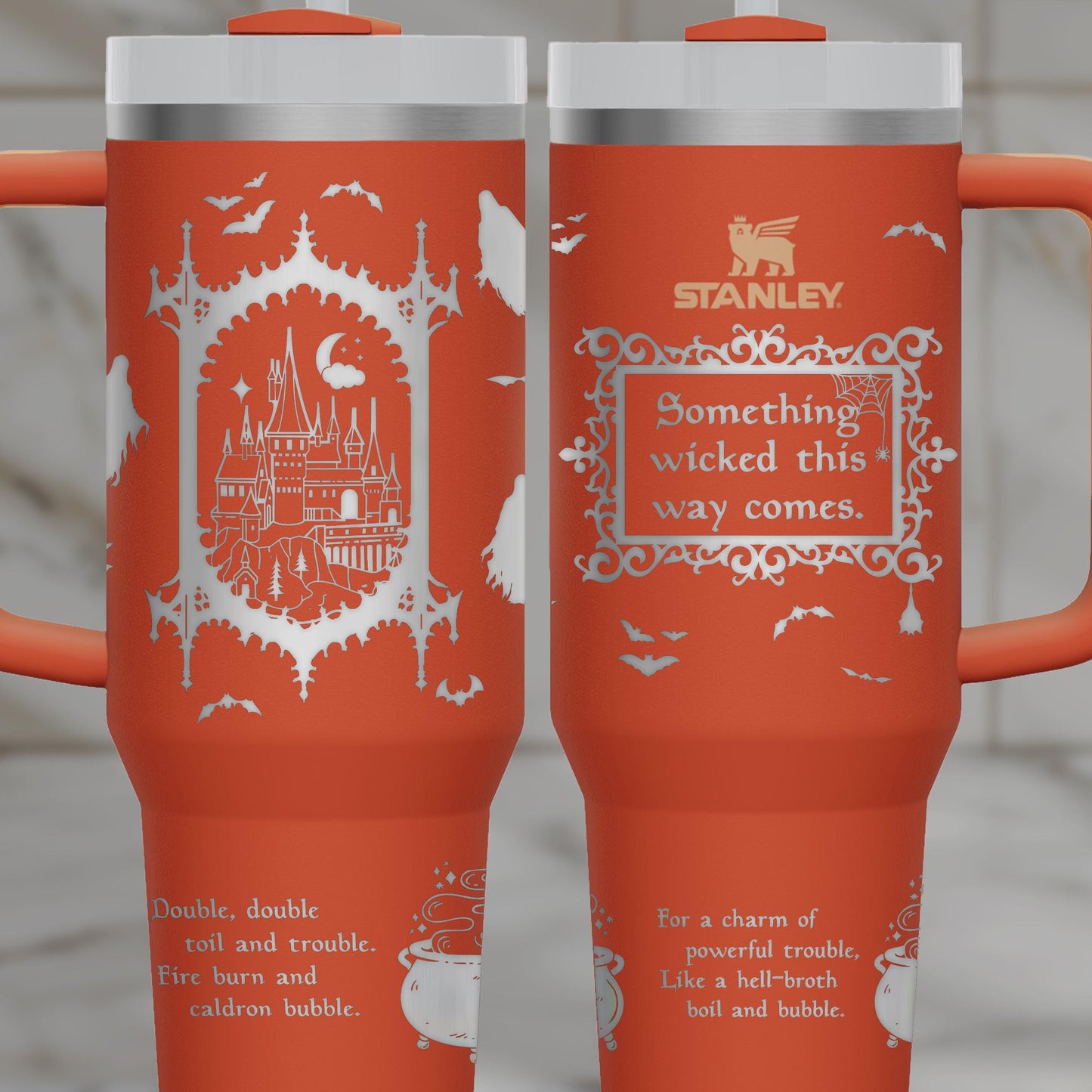 a red travel mug with a picture of a castle on it