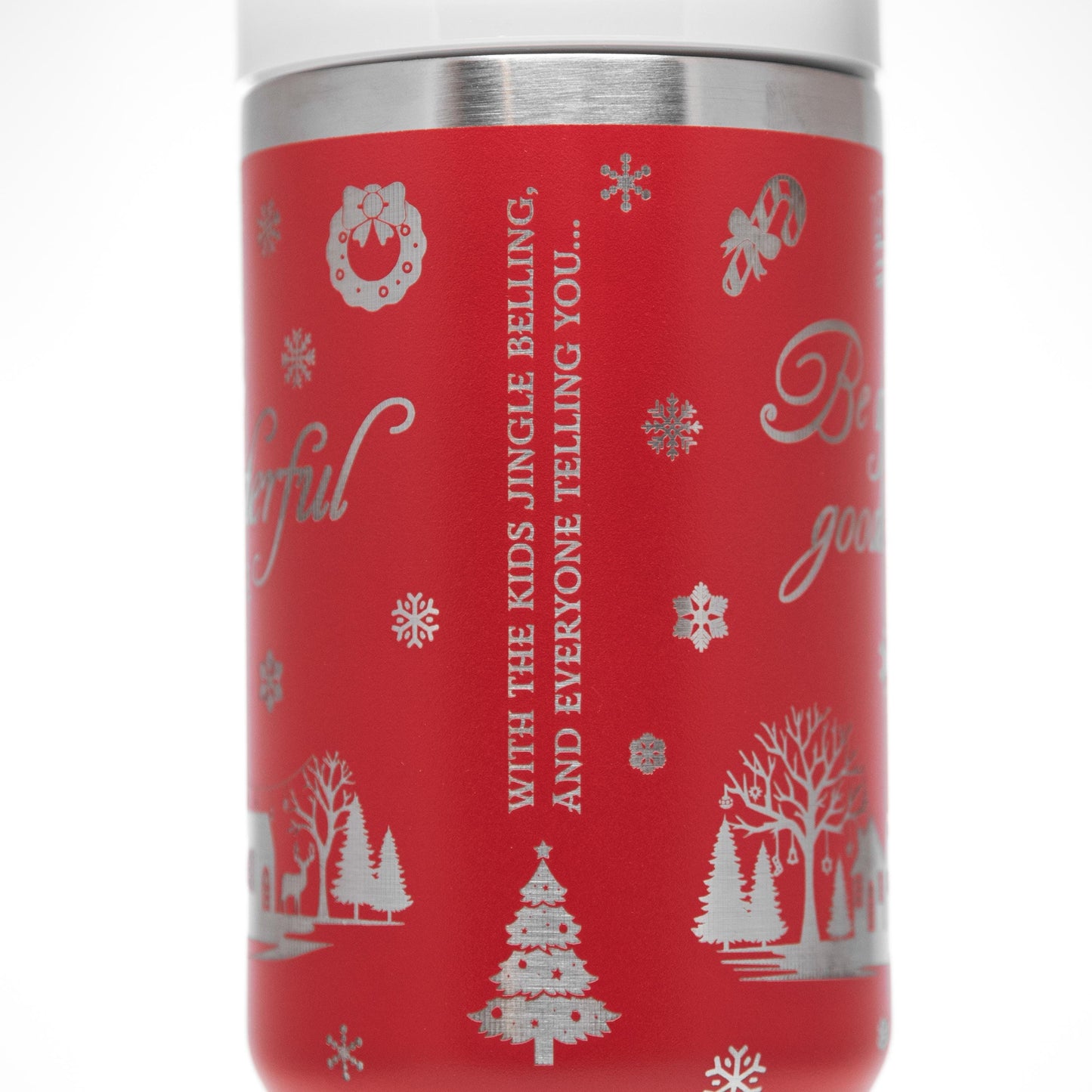 a red and white can cooler with a christmas theme