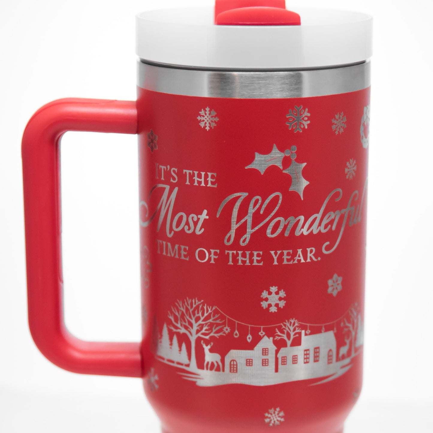 a red and white coffee mug with a red handle