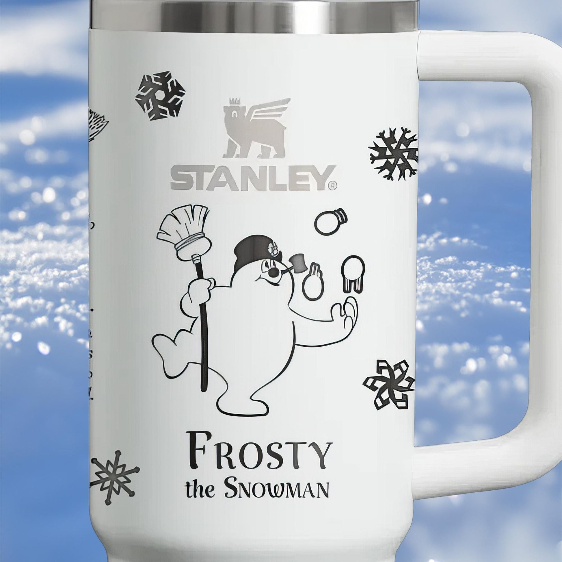 a stainless steel mug with frosty the snowman on it