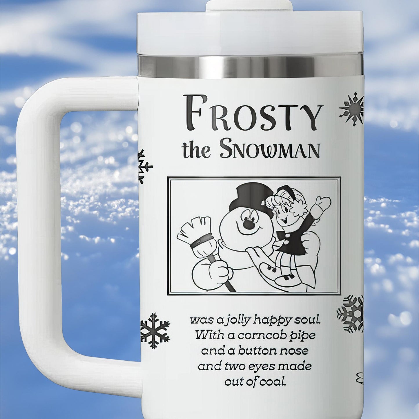 frosty the snowman travel mug with a picture of frosty the snowman