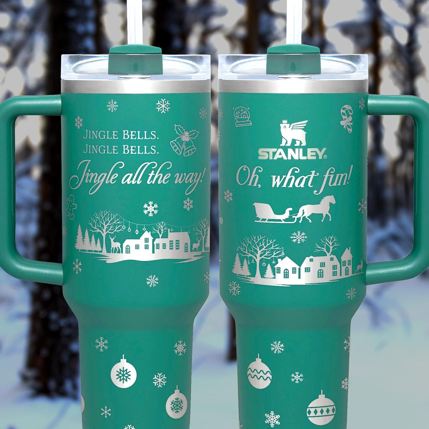 two green travel mugs sitting in the snow