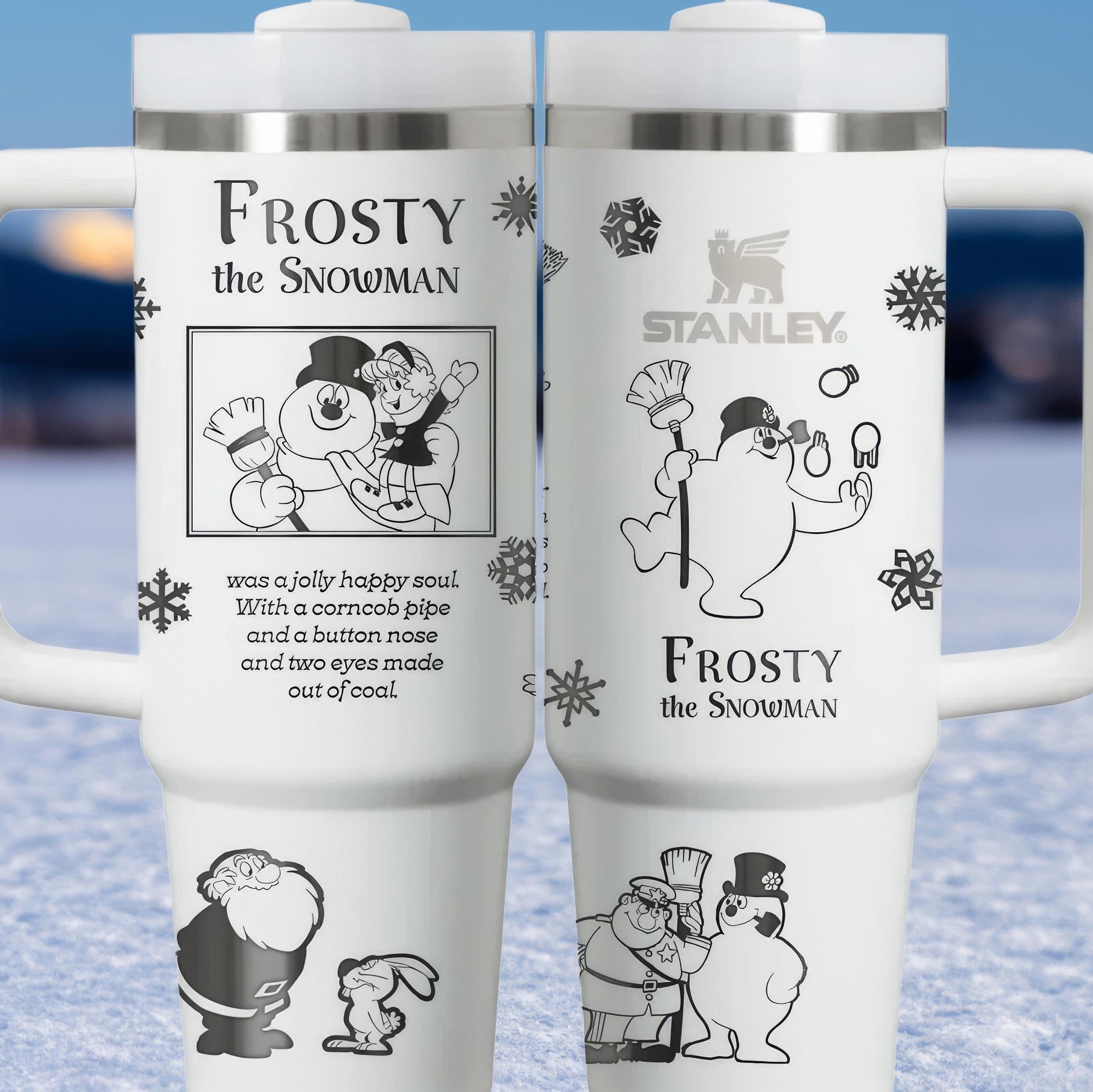 two white frosty mugs with frosty the snowman and frosty the